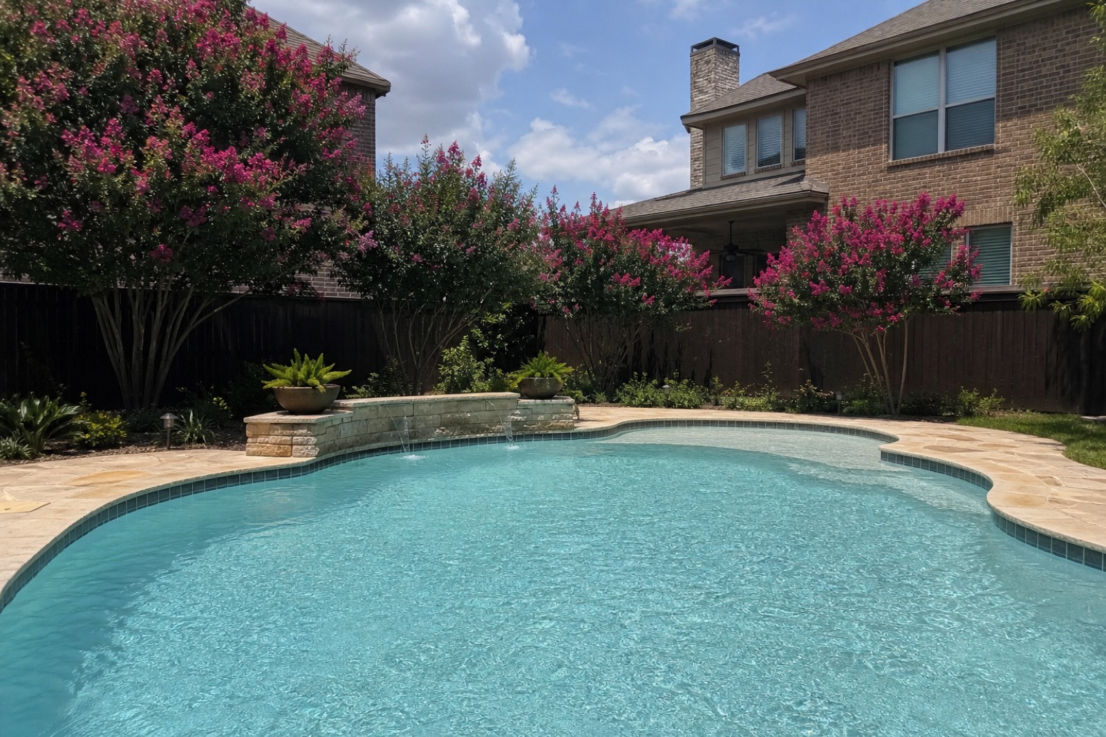 A clean residential pool in a McKinney backyard with crepe myrtles in bloom and a brick two-story home in the background.